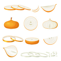 Wall Mural - Onion sliced. Healthy natural food cutting fresh vegetables recent vector cartoon purple onion isolated