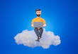 Cartoon handsome beard man seat on cloud over blue background with laptop. Data transfer technology concept.