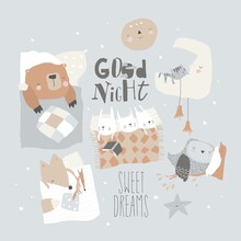 Cute Cartoon Animals Sleeping In Beds. Sweet Dreams