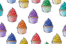 Seamless Pattern Of Cupcakes Of Rainbow Colors, Vector