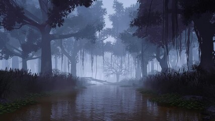 Wall Mural - motion on overgrown calm river among spooky tree silhouettes in a dark mystical forest at foggy dusk