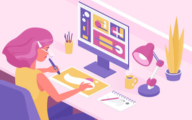 Wall Mural - isometric girl designer working with graphic tablet vector illustration. cartoon 3d young woman char