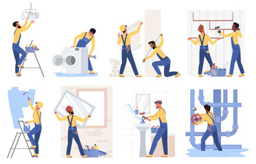 Repair construction service set vector illustration. Cartoon handyman fixing plumbing, washing machine in bathroom, plumber repairing pipe, repairman worker working with paint roller isolated on white