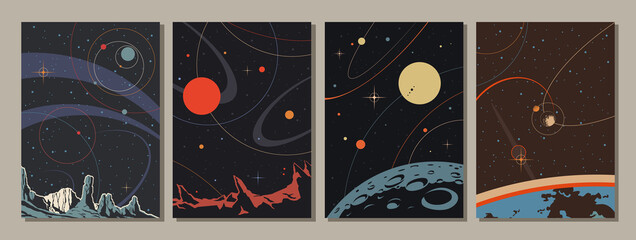 abstract space illustration set, retro style art, planets, satellites, stars