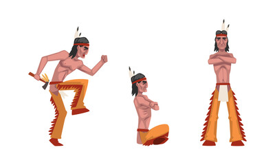 Sticker - Male as Native American Tribe Member In Traditional Indian Clothing Sitting Cross Legged and Dancing with Tomahawk Vector Set