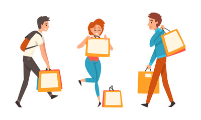 Wall Mural - People Character with Shopping Bags Making Purchase in Shopping Mall Vector Set