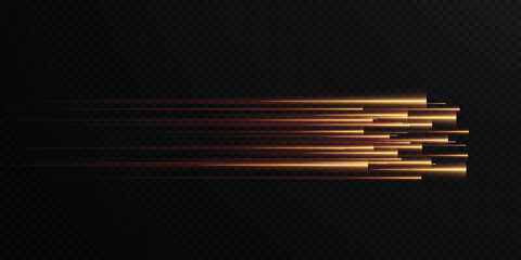 Collection of gold speed lines isolated. Gold light, electric light, light effect png. Curve gold line png for games, video, photo, callout, HUD. Isolated vector illustration.	