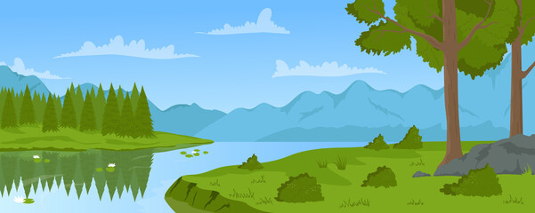 summer river mountain calm landscape vector illustration. cartoon nature trees and green grass on sh