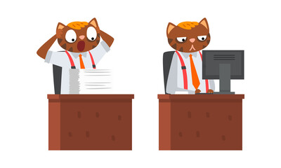 Sticker - Cat Businessman Character in Tie at Desk in Front of Loads of Paper Documents and at Computer Vector Set