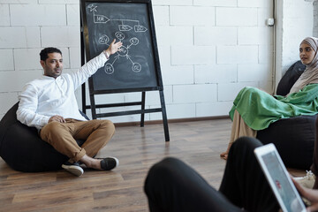 Wall Mural - Mixed-race business coach sitting in armchair by blackboard and pointing at diagram