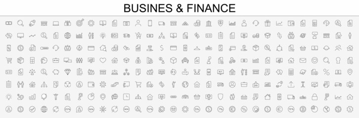 Wall Mural - Big set Business icons. Business and Finance web icons. Vector business and finance editable stroke line icon set with money, bank, check, auction, payment, wallet, deposit.  Vector illustration.