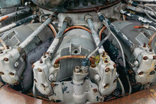 Aircraft Rotary Engine, Closeup Plane Aviation Piston Engines Old Grunge Rusty.