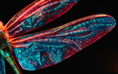 Dragonfly wing on black background in neon light. Close-up.