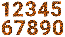 A Set Of Numbers With A Tiger Pattern. Decorative Striped Numbers From 0 To 9. Vector Illustration. Isolated Elements For Design And Decoration