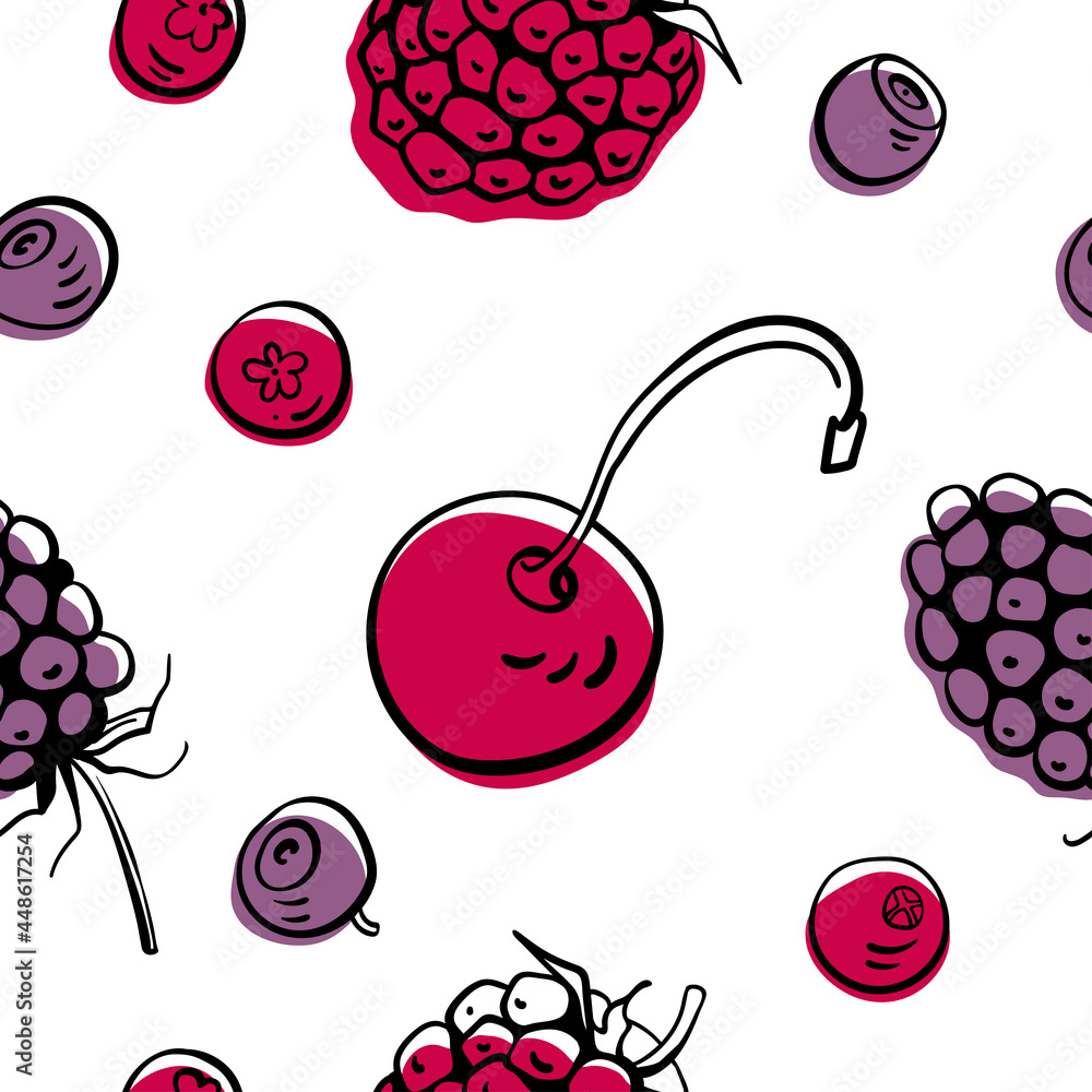 Seamless pattern with berries in colorful line sketchy style isolated ...