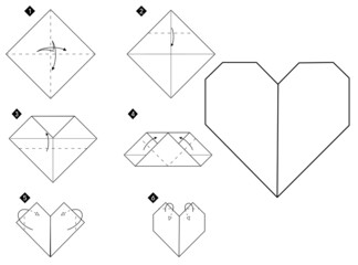 Poster - How to make origami heart. Step by step black and white DIY instructions. Outline monochrome vector illustration.