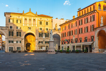 Piazza dei Signori in Verona old town with Dante statue. Tourist destination in Veneto, Italy