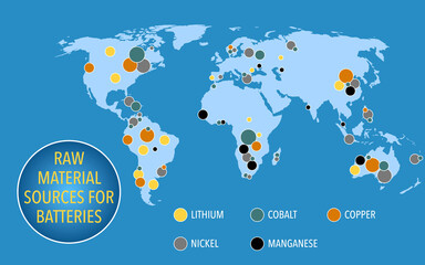 Wall Mural - Map of raw material sources for battery production around the world