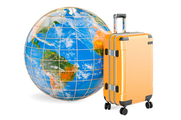 Earth Globe with suitcase, travel concept. 3D rendering