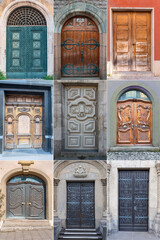 Wall Mural - nine wooden doors with a beautiful decorative  finish in the historical part of different cities of the world