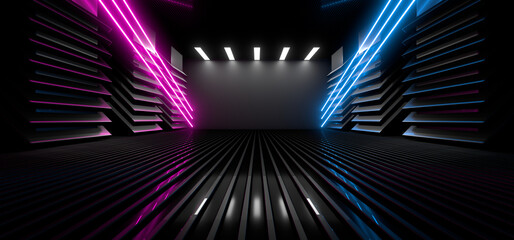 Wall Mural - sci fy neon lamps in a dark corridor. reflections on the floor and walls. 3d rendering image.