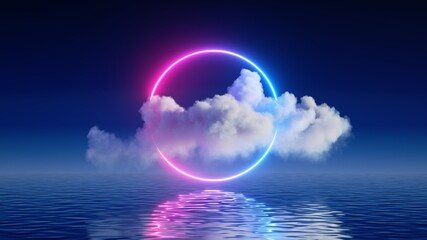 Wall Mural - 3d render, abstract background with white cloud levitates inside the glowing neon round frame, with reflection in the water. Minimal futuristic seascape
