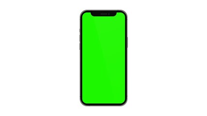 Wall Mural - Mobile phone with blank green screen, front view, isolated on white background. 4K animation for presentation on mockup screen