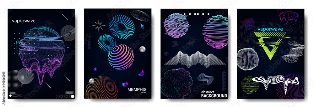 Universal trendy posters with shapes and glitch effect. Retro futuristic concept. Cyberpunk and vaporwave. Digital covers for web, poster, flyers, card and other. Geometric shapes with glitch. Vector - obrazy, fototapety, plakaty 