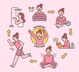 Wall Mural - self-development. a girl is executing her morning routine in order. outline simple vector illustrati