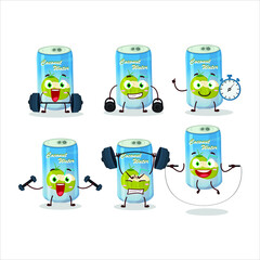 Sticker - A healthy coconut water can cartoon style trying some tools on Fitness center. Vector illustration