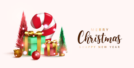 Wall Mural - Merry christmas vector background design. Merry christmas and happy new year text with candy cane, gifts, balls and xmas trees elements for holiday season greeting card. Vector illustration

