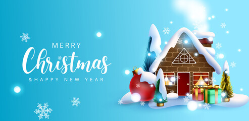 Wall Mural - christmas vector background design. merry christmas greeting text with miniature house, trees and ba