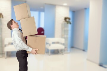 Sticker - Delivery man carrying stacked boxes in front of face against background