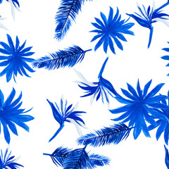 Azure Pattern Painting. Blue Seamless Texture. White Tropical Design. Navy Flower Design. Cobalt Floral Art. Wallpaper Botanical. Decoration Leaf.