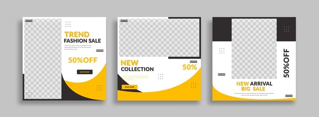 Set of Editable minimal square banner template. Black yellow white background color with geometric shapes for social media post and web internet ads. Vector illustration