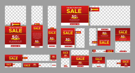 
Set of furniture sale web banners of standard size with a place for photos. Vertical, horizontal and square template. Vector illustration EPS 10