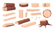 Cartoon Lumber. Wood Materials. Forest Tree Trunk And Log. Branches With Bark. Wooden Plank And Stump. Oak Or Pine Natural Construction Board For Carpentry. Vector Sawmill Products Set