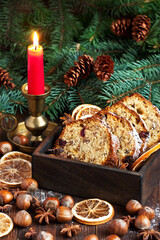 Sticker - Stollen, traditional Christmas cake with dried fruits and nuts. Christmas holiday food