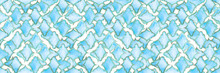 Quatrefoil Seamless Pattern For Header. Blue And Indigo Geometric Morrocan Tile. Lattice Marrakesh Watercolor Header. Rhombus Majolica Background. Barbed Watercolour Trellis. Damask Print.
