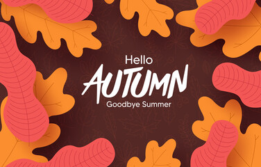 Wall Mural - autumn vector background design. hello autumn greeting text with orange and yellow leaves element fo