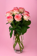 Wall Mural - Bouquet of pink roses on pink background.