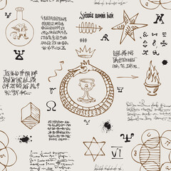 Wall Mural - vector image of a seamless texture in the form of an alchemical formula with encrypted symbols in the style of medieval old manuscripts graphic