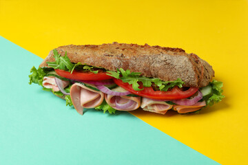 Tasty ciabatta sandwich on two tone background