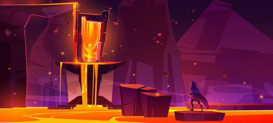 Wall Mural - lava lake with magic portal and wizard