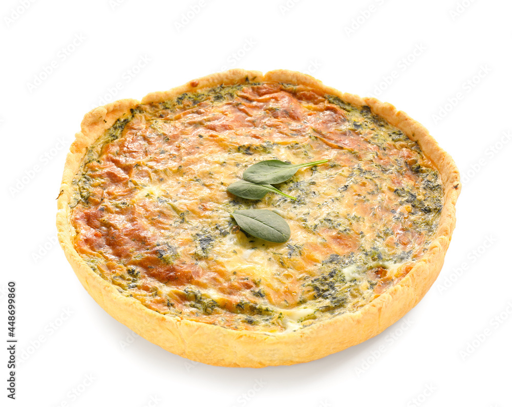 Tasty spinach tart on white background