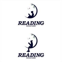 Reading in moon logo designs concept, Child Education logo designs vector template