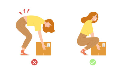 Illustration showing correct posture to lift heavy object safely. Concept of back and spine care, health care, physical body position. Flat vector illustration cartoon character.