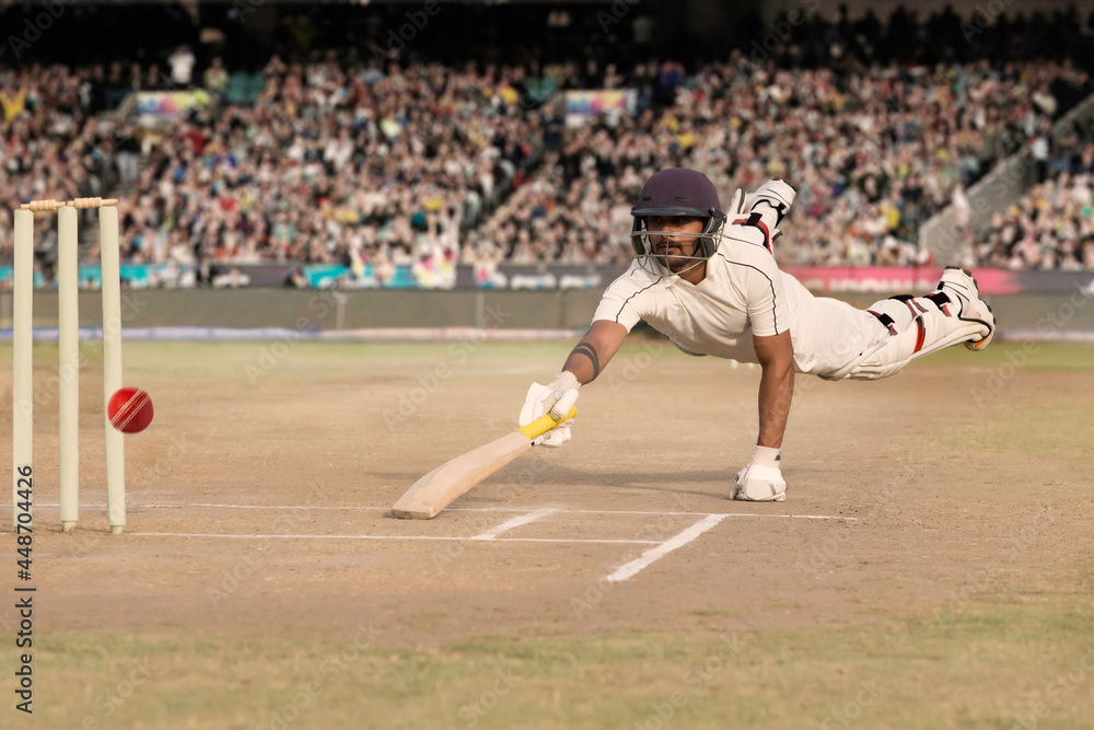 Batsman diving while taking a run during a match Stock Photo | Adobe Stock