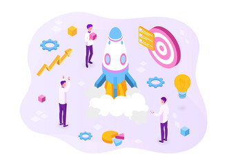 Startup coaching and mentorship concept. Business start up team launching rocket with computer and server. Creative web banner layout template design. Vector flat isometric cartoon illustration