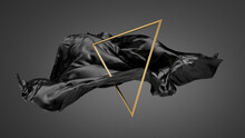 3d Render, Abstract Dramatic Fashion Wallpaper. Modern Minimal Composition With Black Silk Drapery, Textile Fabric Cloth And Golden Triangular Shape, Isolated On Dark Background